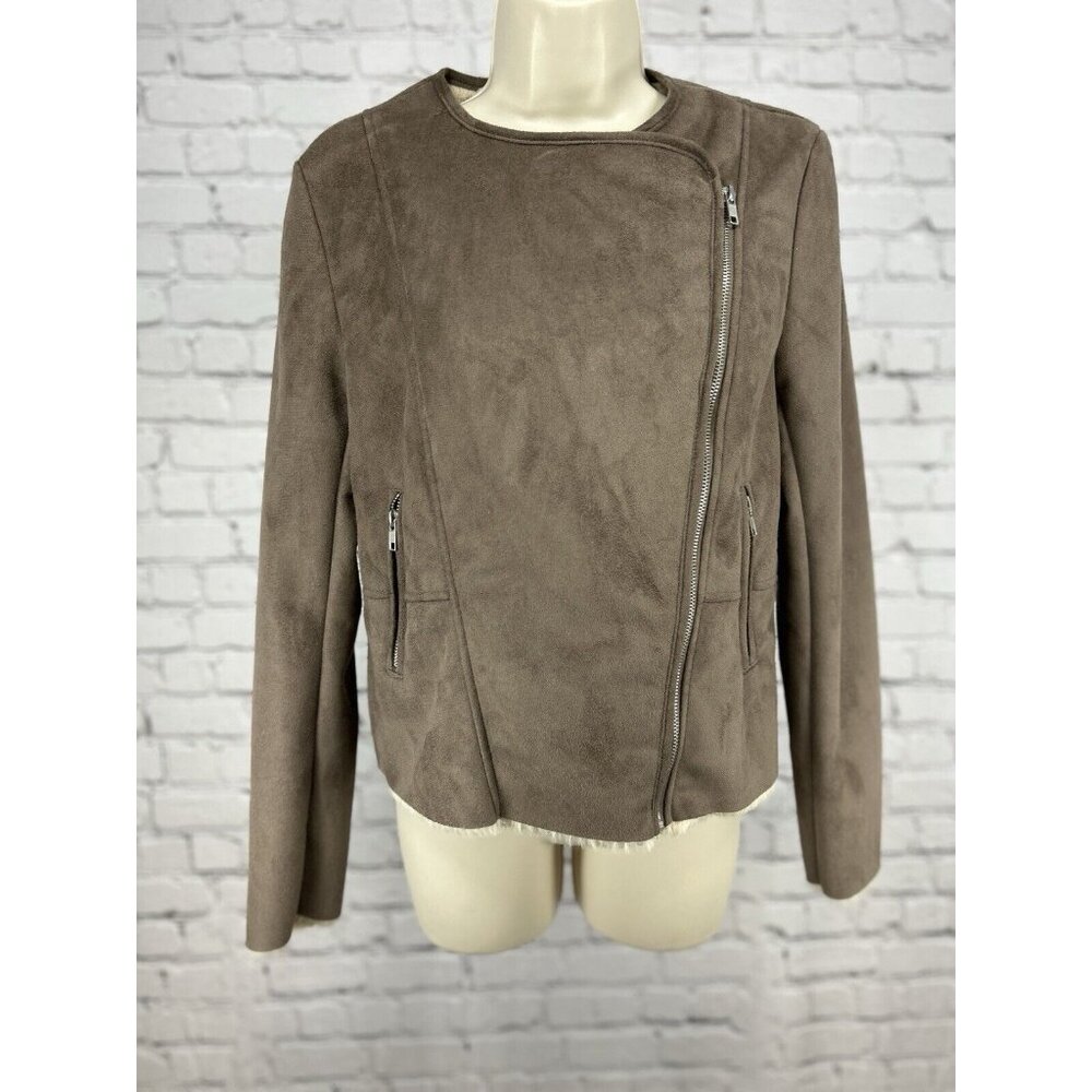 Vigoss Brown Faux Fur Lined Long Sleeve Asymmetric Zip Women's Jacket Size Small